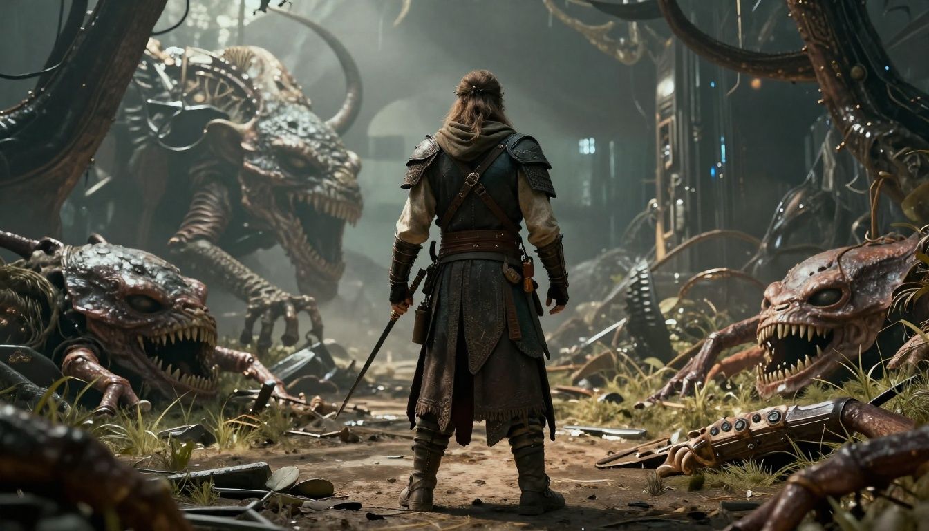 Um guerreiro solitário enfrentando uma criatura colossal em um cenário sombrio e futurista