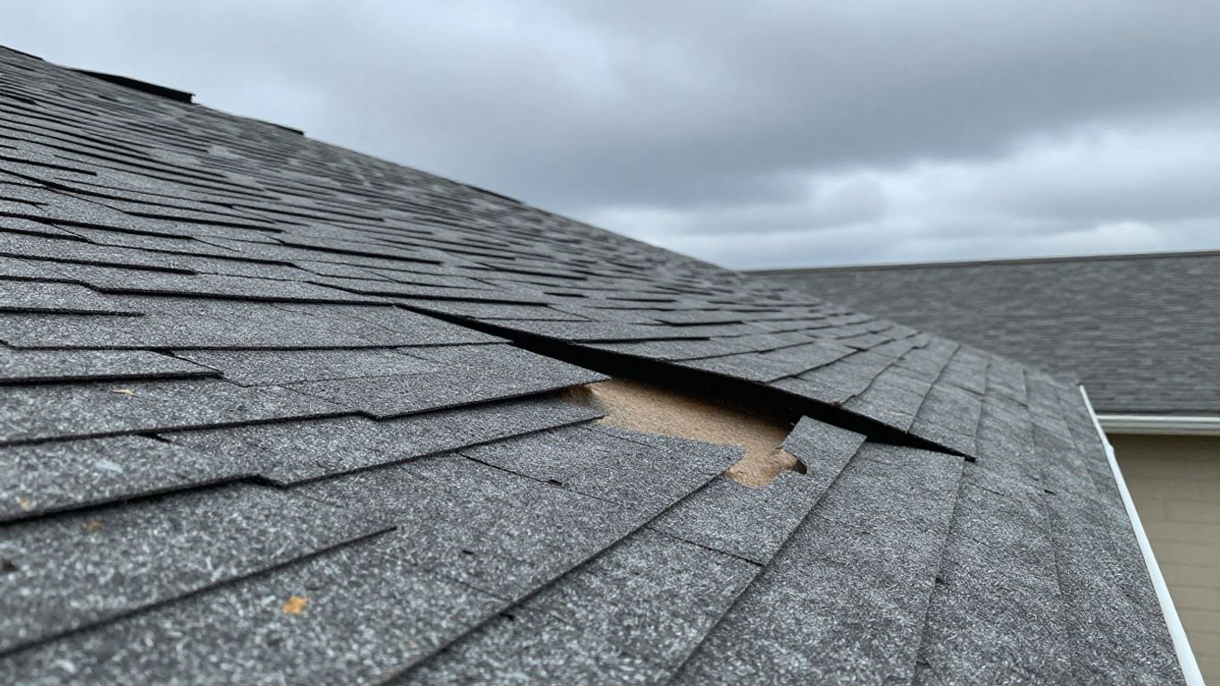 New Braunfels roof with wind-damaged shingles