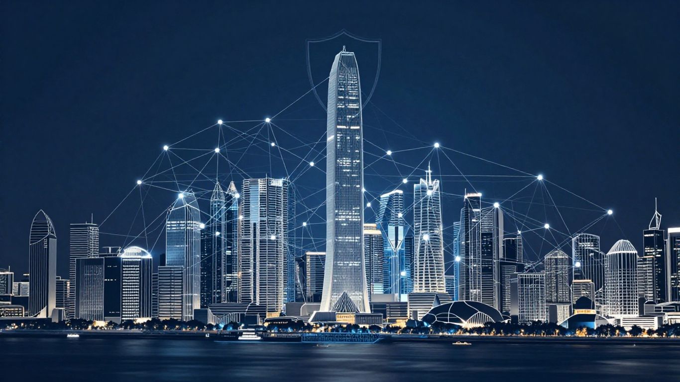 Digital city skyline with network lines and shield icon.