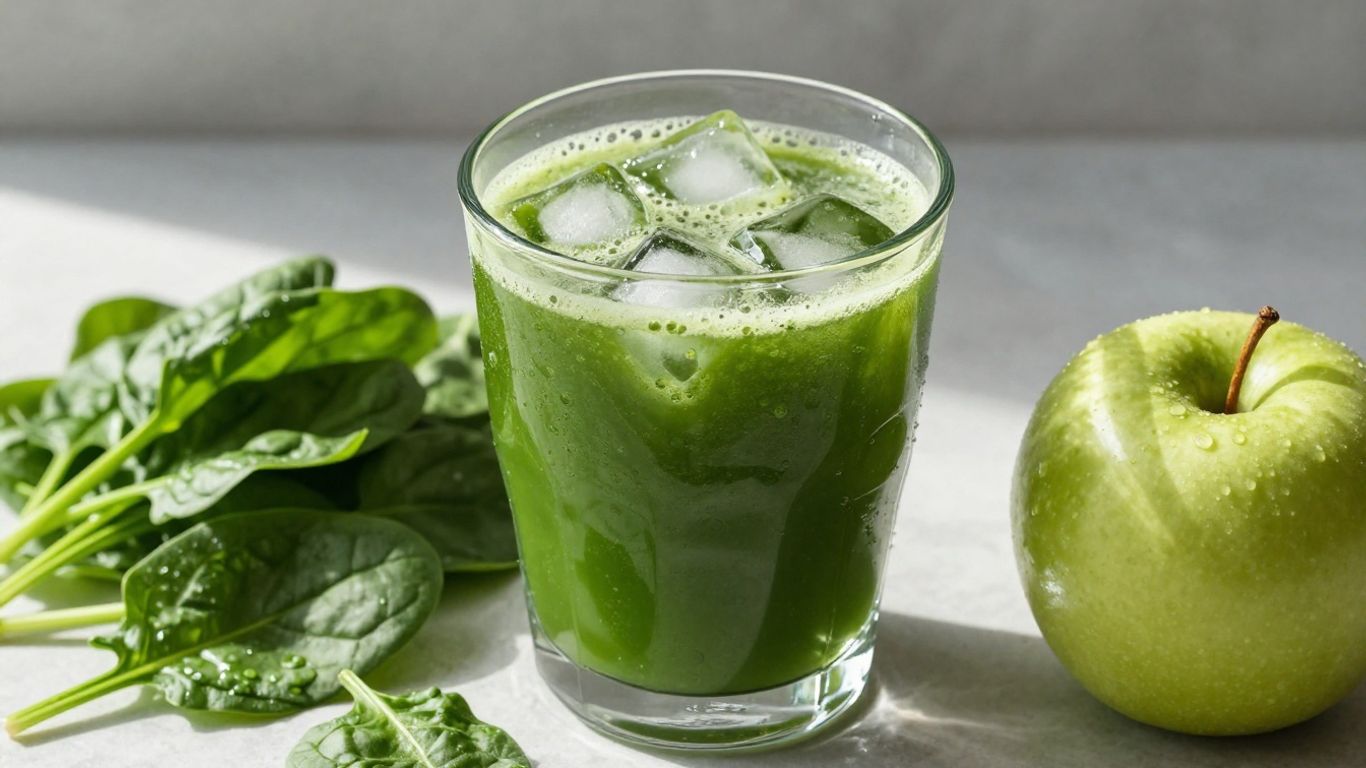 Glass of green juice with fresh spinach and apple.