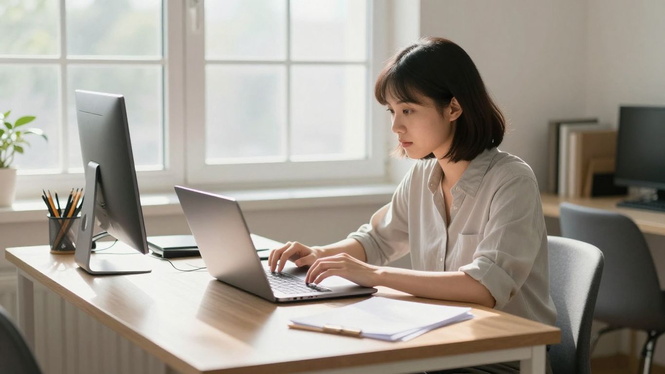 Person focused on laptop at a clean, sunlit desk.
