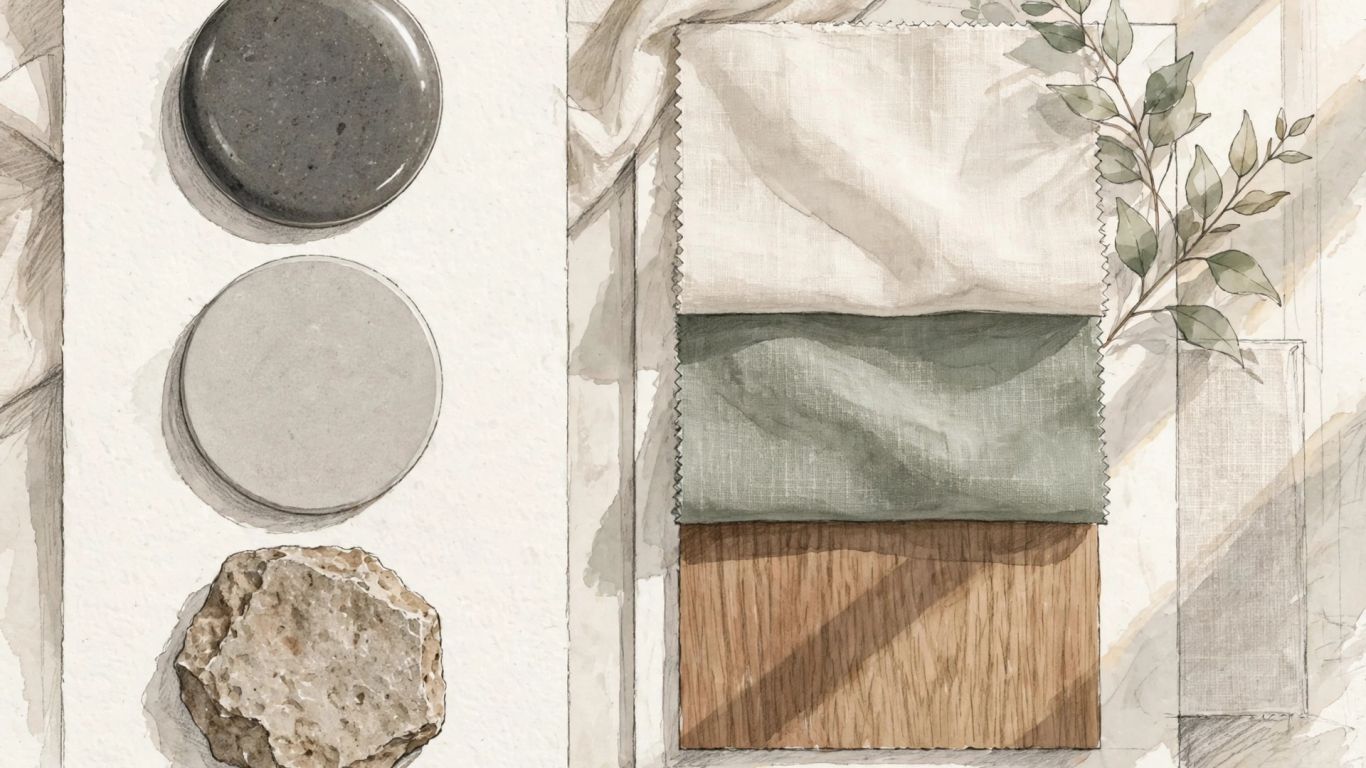 Natural stone finishes in a softly lit interior