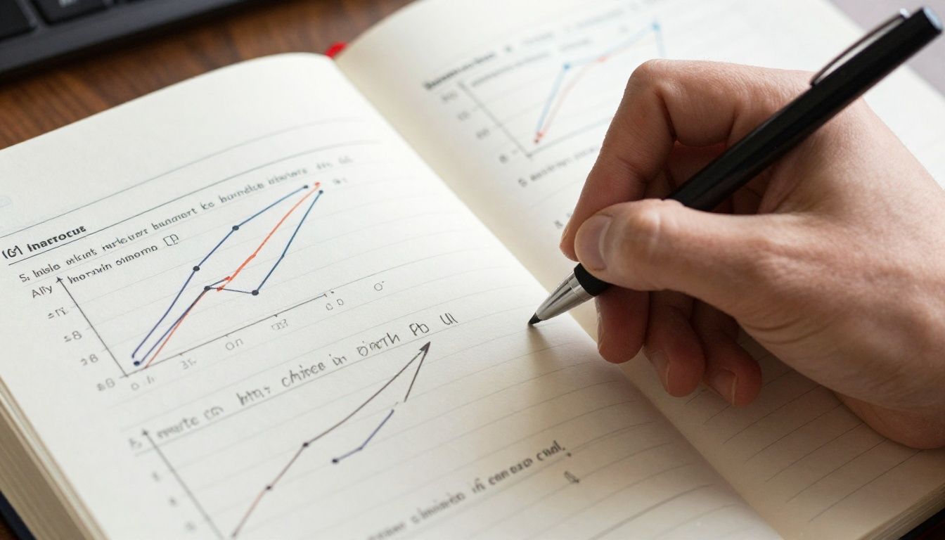 A close-up of a person's hand writing in a journal, with charts and graphs related to health and wellness visible in the background, conveying a sense of organized self-tracking.