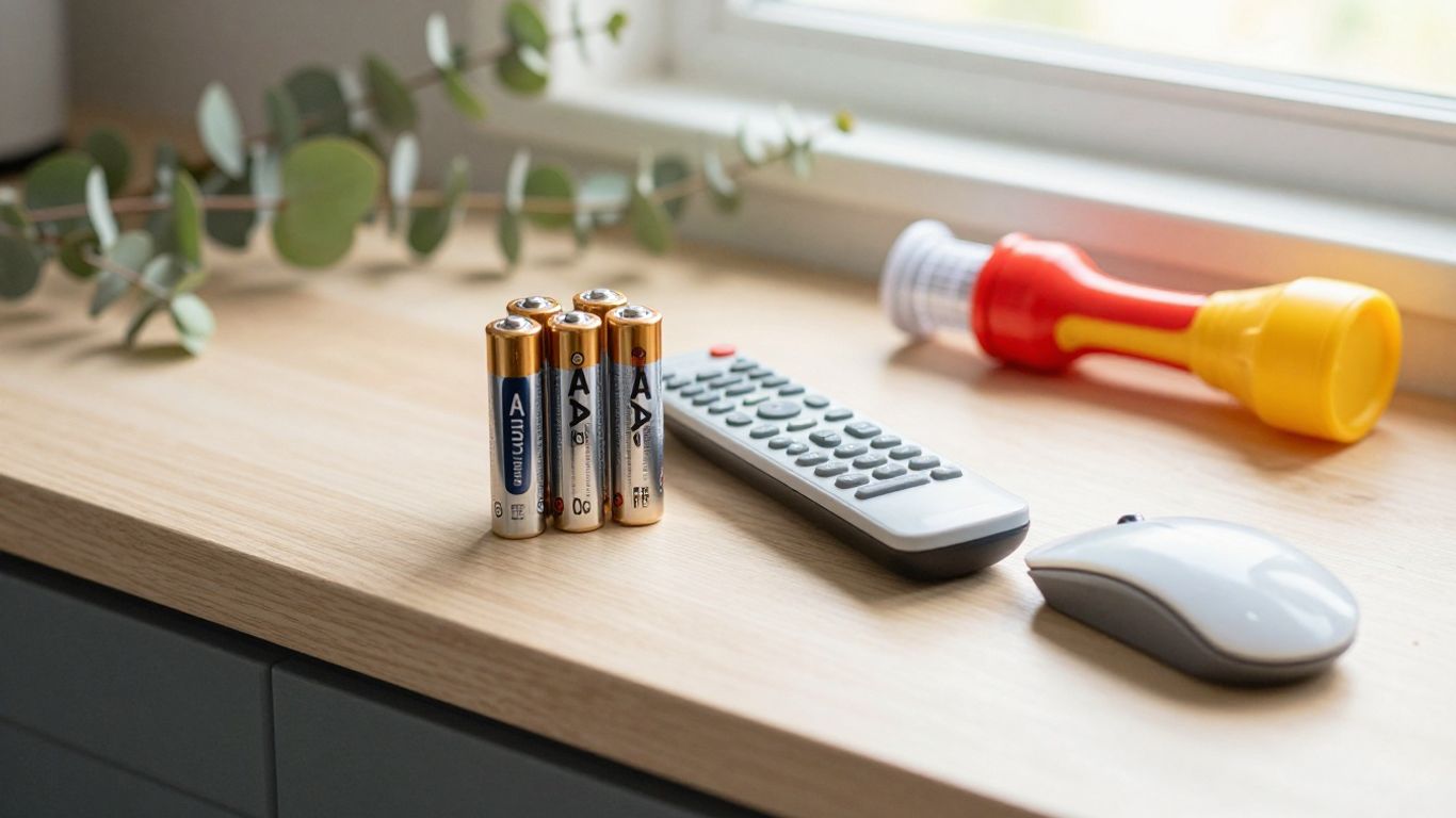 AA and AAA batteries beside household devices