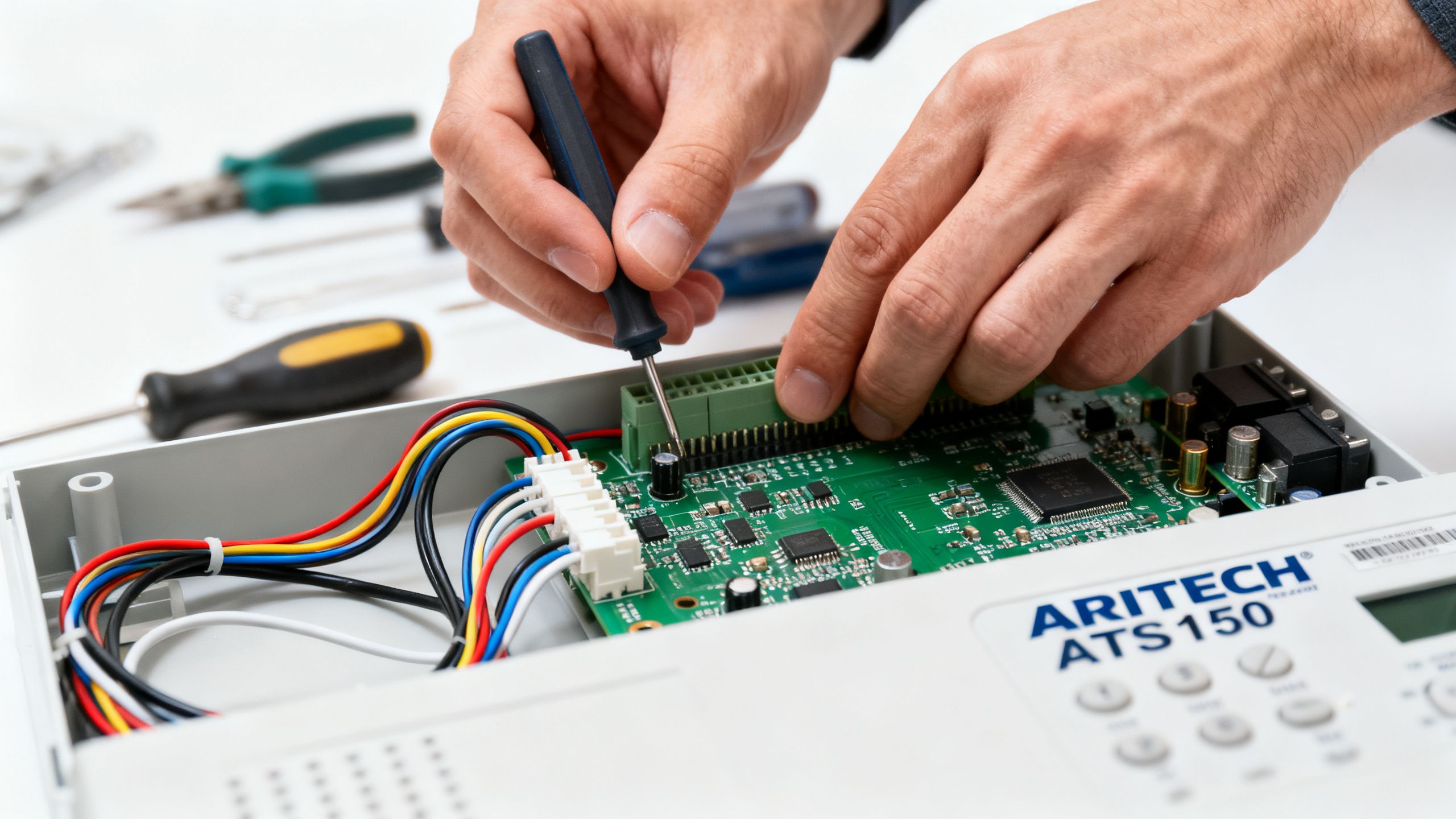 Technician servicing Aritech ATS1500 security equipment.