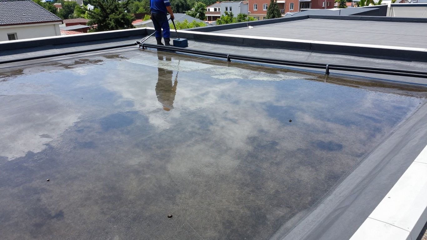 Flat roof with water and drainage installation