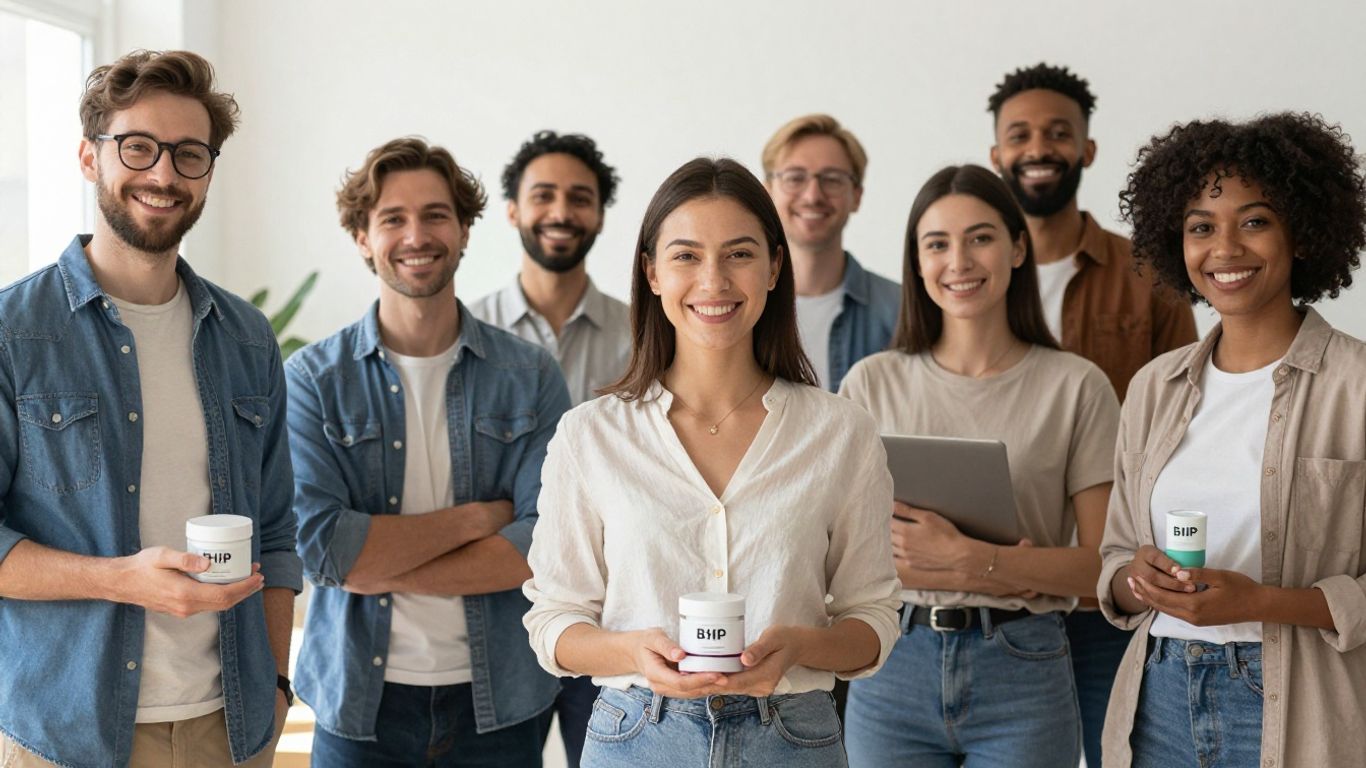 Personas sonriendo y compartiendo productos bHIP en un entorno luminoso.
