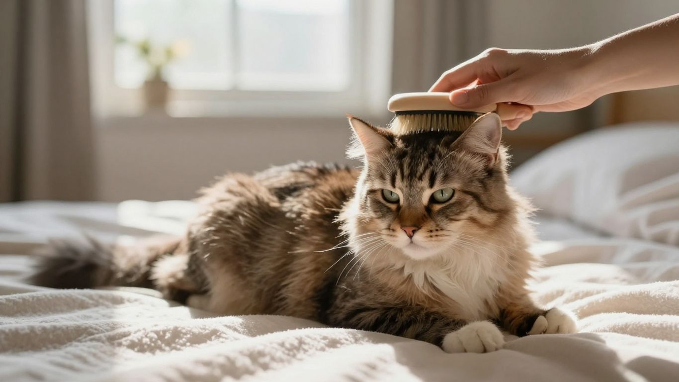 Cat being gently brushed at home