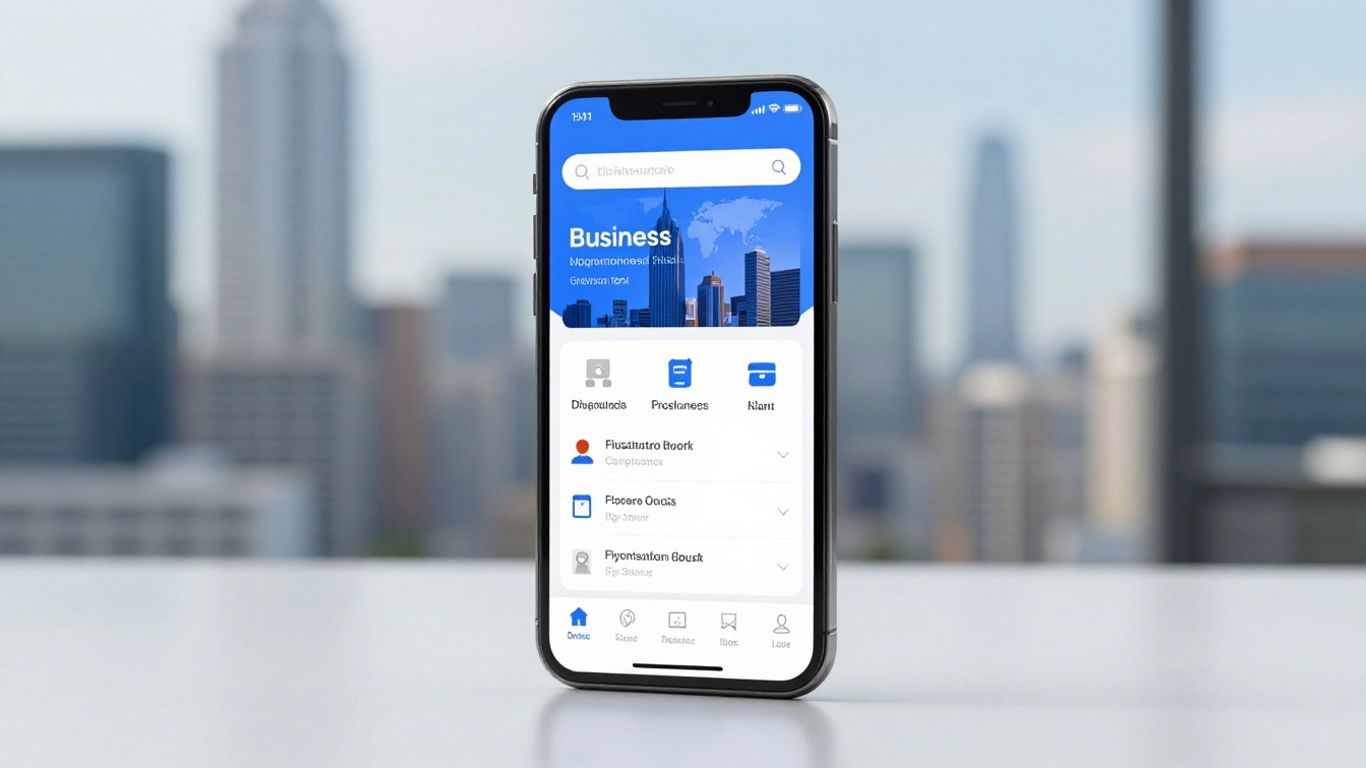 Teléfono móvil con aplicaciones empresariales en pantalla.