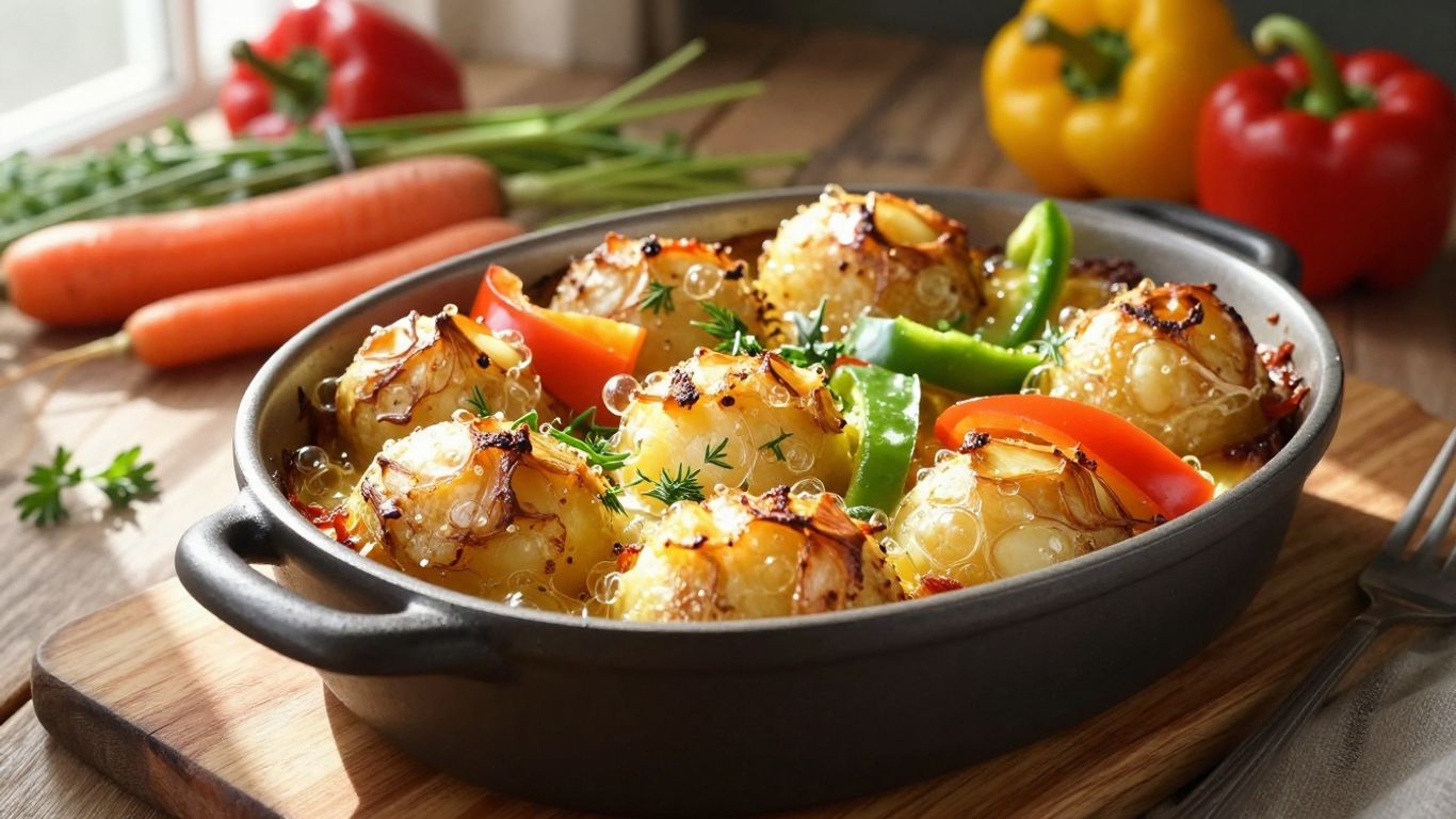 Biologische aardappelschotel met verse groenten op tafel