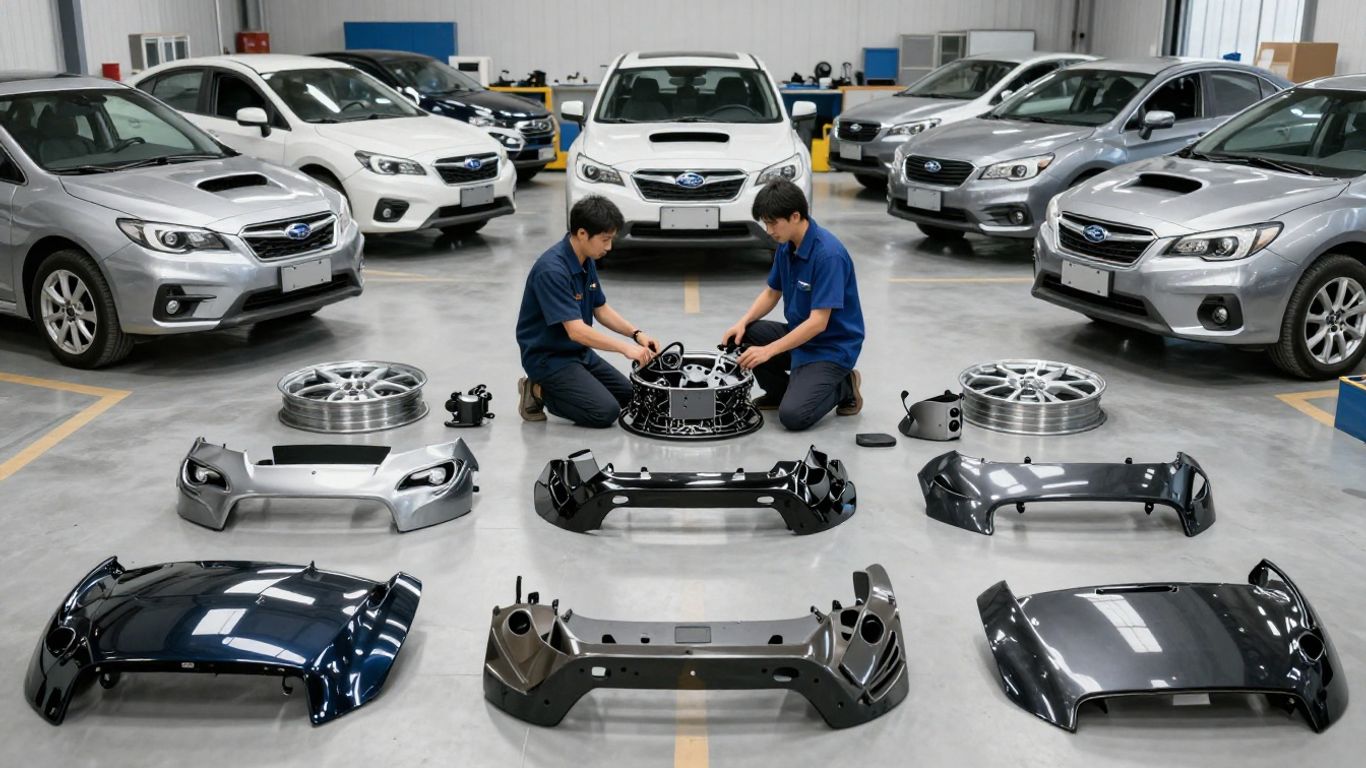 Mechanics with Subaru car parts in workshop