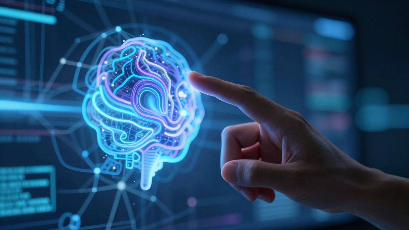 Human hand touching abstract AI visualization