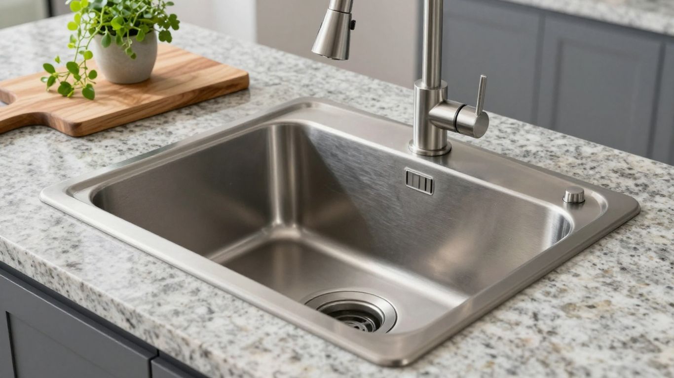 Kitchen sink and granite countertop with faucet and accessories.