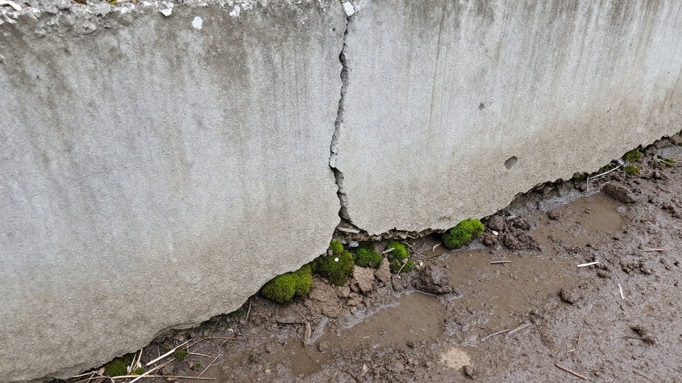 Cracked retaining wall after winter with soil erosion.