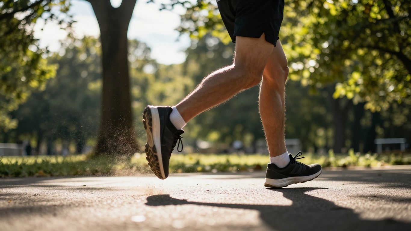 Runner's feet on a path, blurred trees, sunlight.