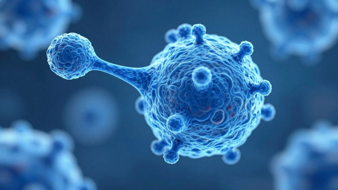 Glowing blue peptide molecule with cellular background.