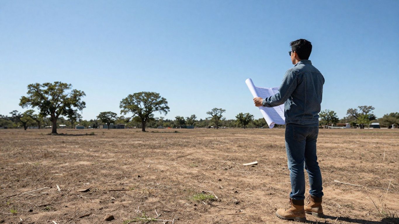 Person on undeveloped land with blueprints.