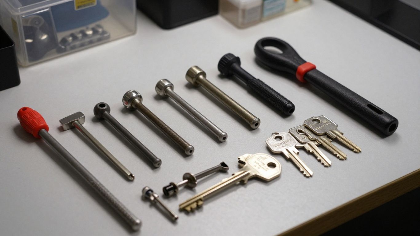 Tools and security hardware displayed on a grid