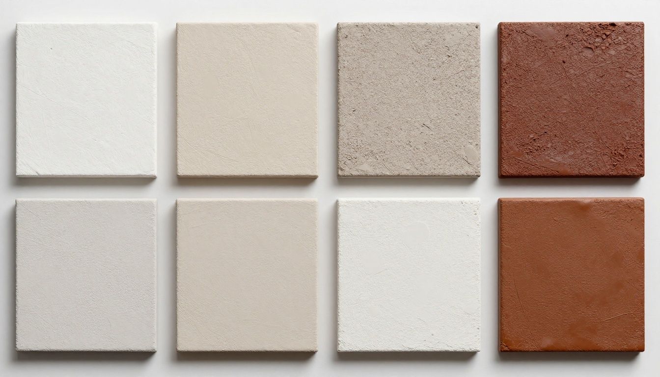 A collection of four square sample boards showing Venetian Polished Plaster, Marmorino, Tadelakt, and Microcement finishes side-by-side