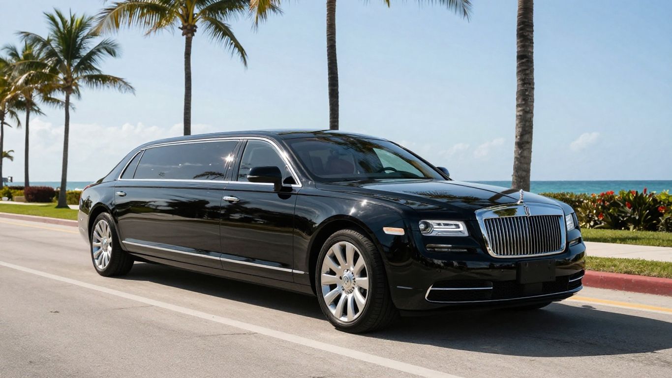 Luxury limousine driving on a scenic West Palm Beach road.