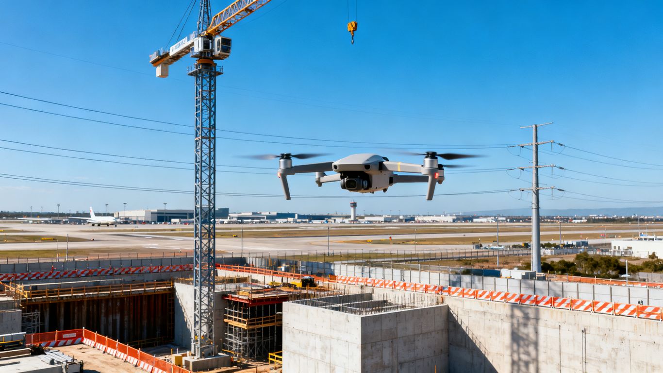 Construction drone flying near cranes and power lines