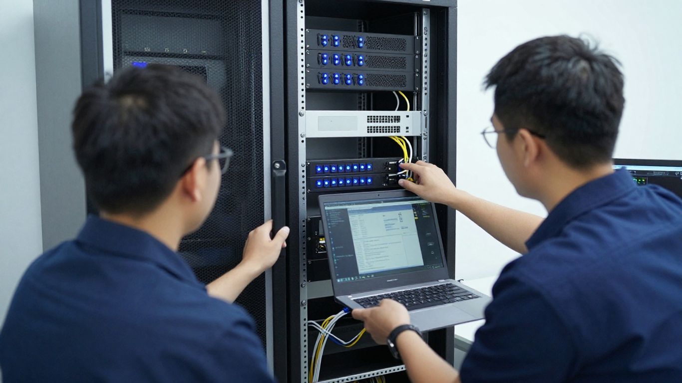Technician inspecting office network equipment