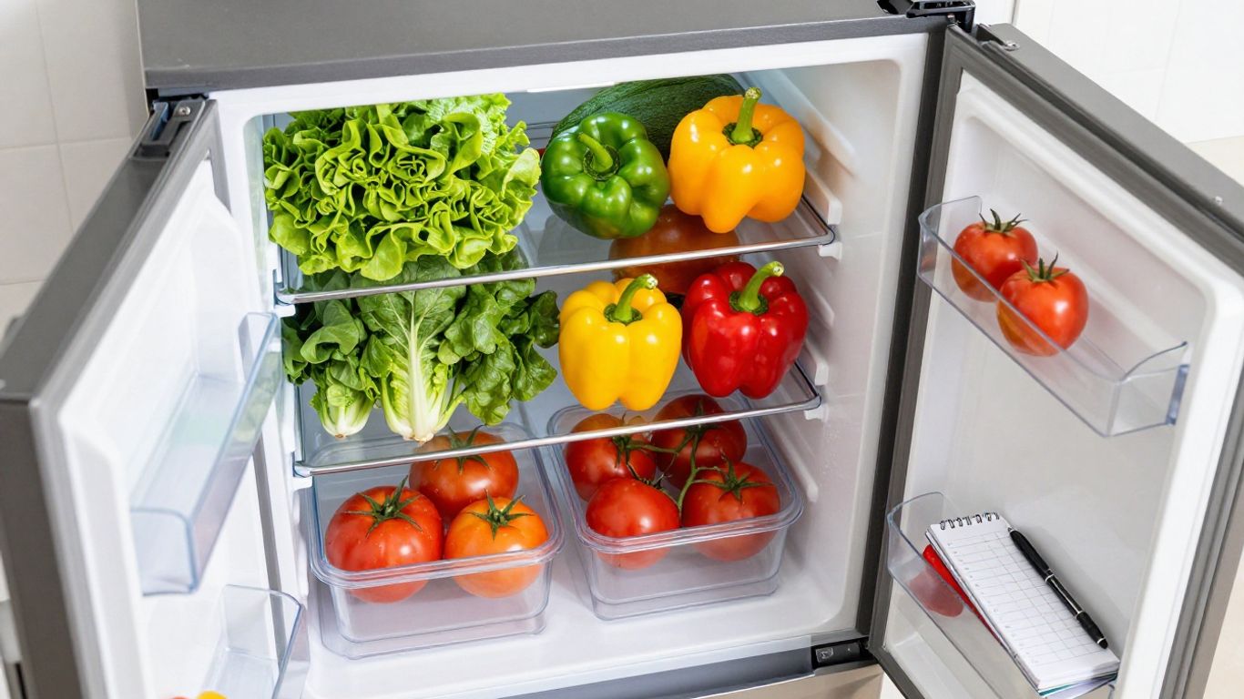 Organized refrigerator with fresh produce and meal planner.