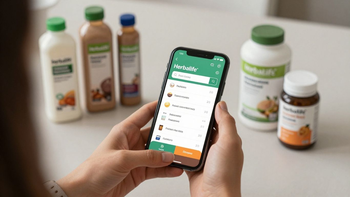 Hands holding phone with Herbalife products online