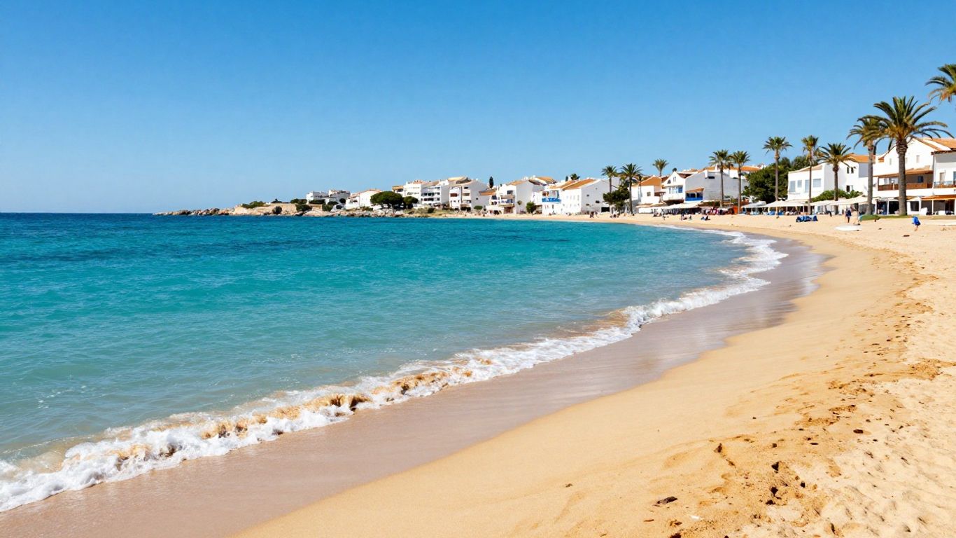 Sunny beach in Southern Europe with clear blue water.