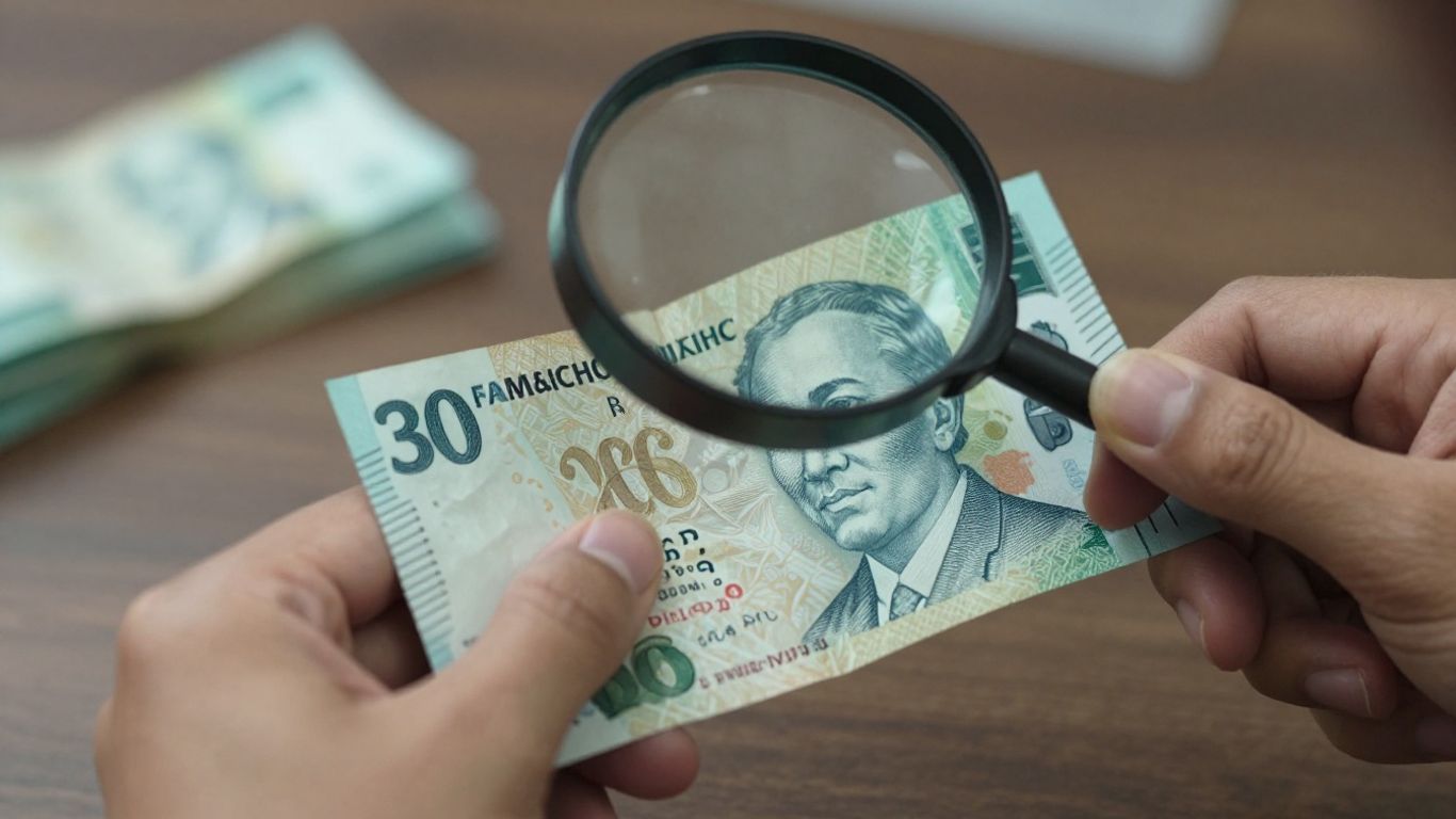 Magnifying glass over crumpled Singapore dollar bill.