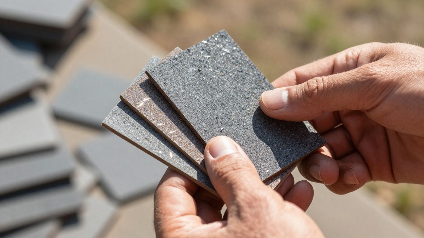 Contractor holding roofing shingle sample for estimate.