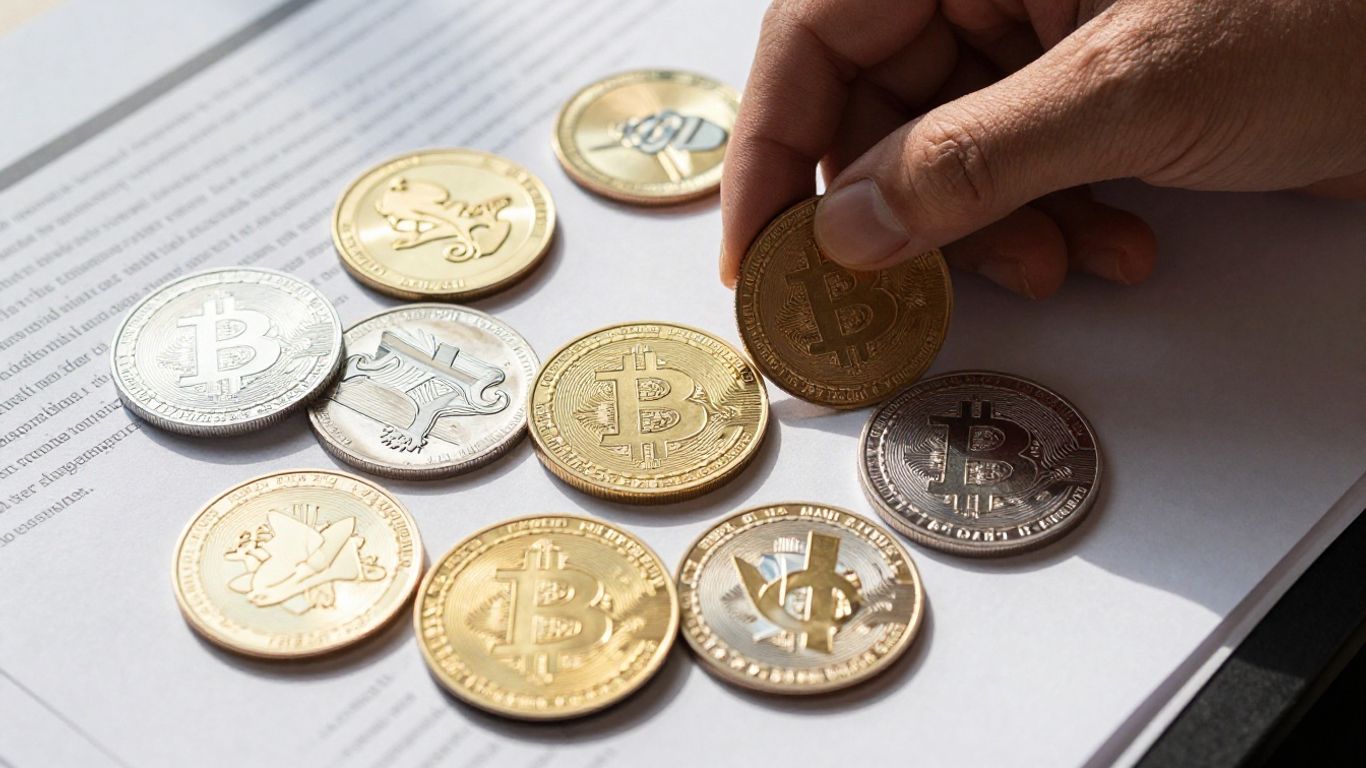 Person examining various cryptocurrency coins and financial documents.