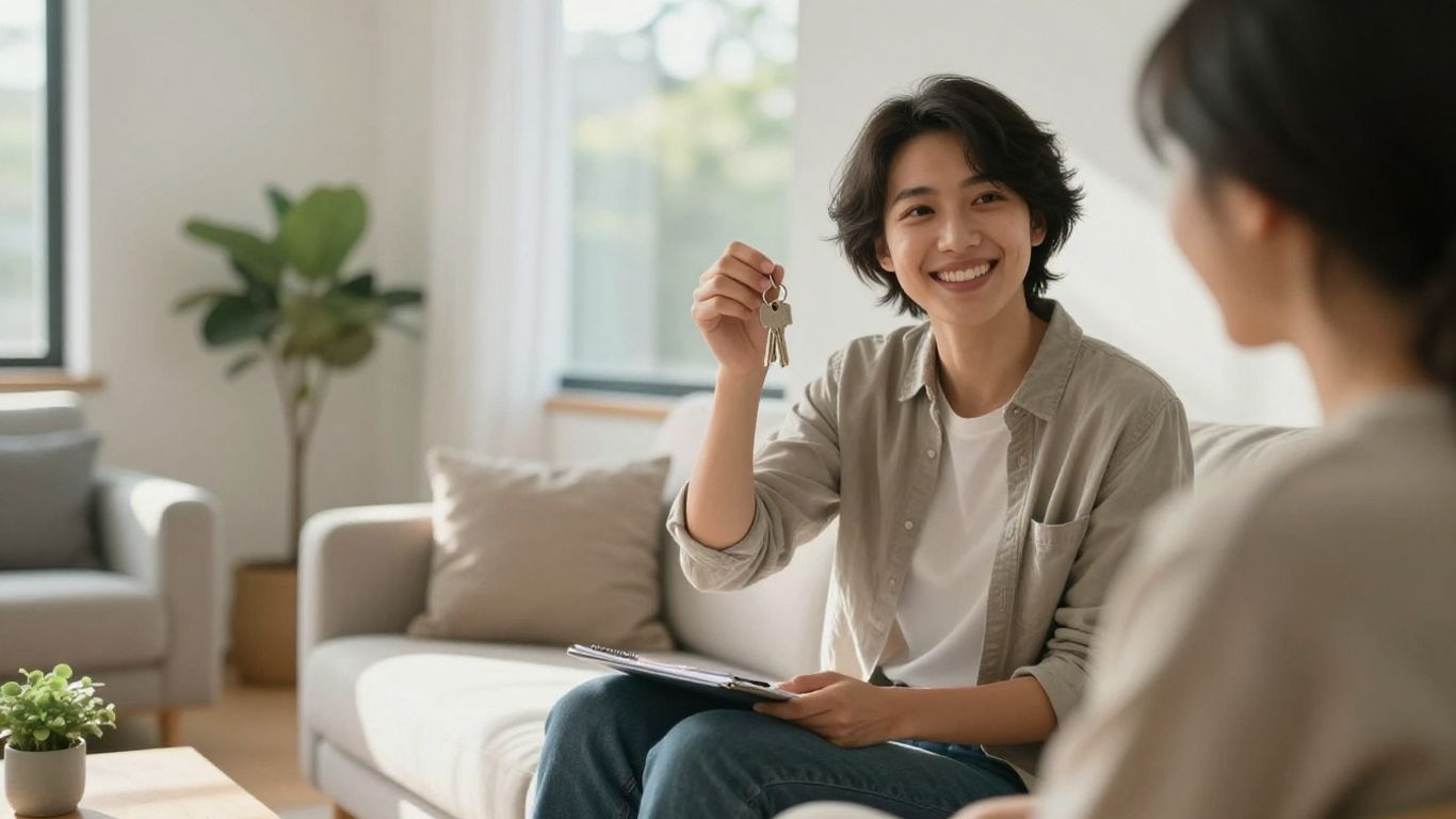 Persona sonriente con llaves en sala de estar luminosa.