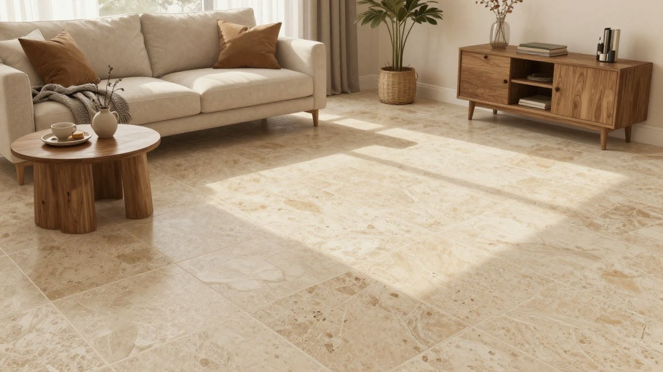 Sketch of rustic travertine stone flooring in a living room.