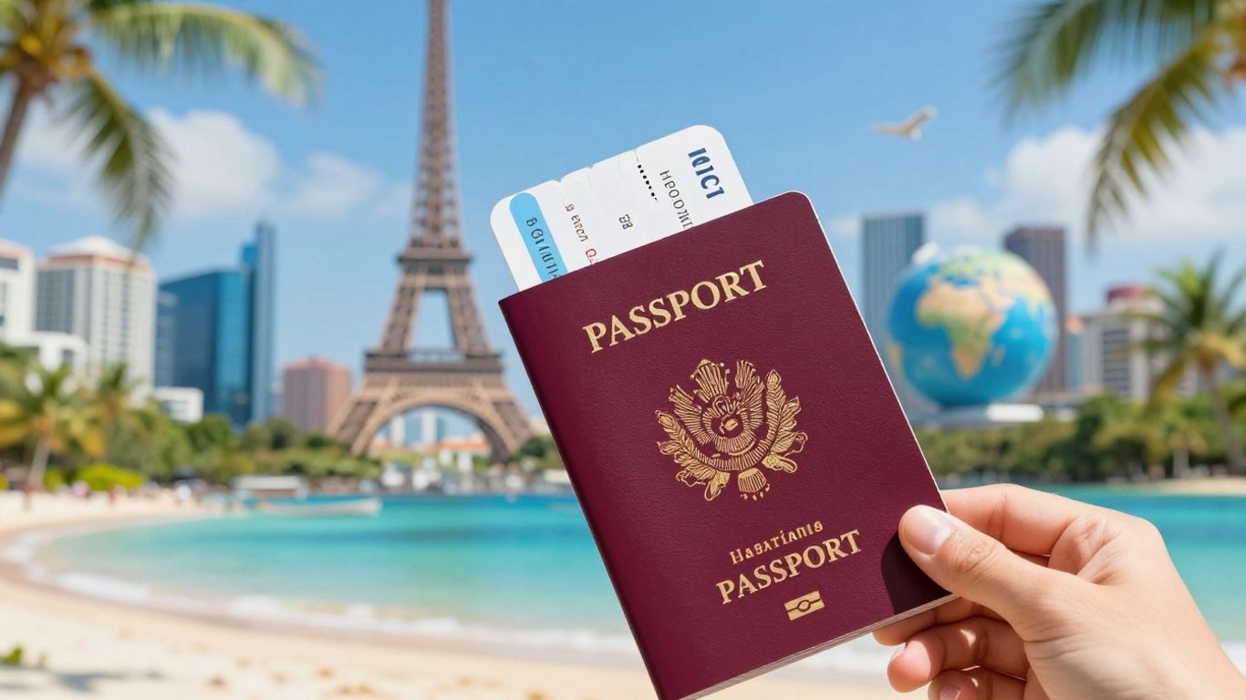 Person holding passport and boarding pass with travel destinations.