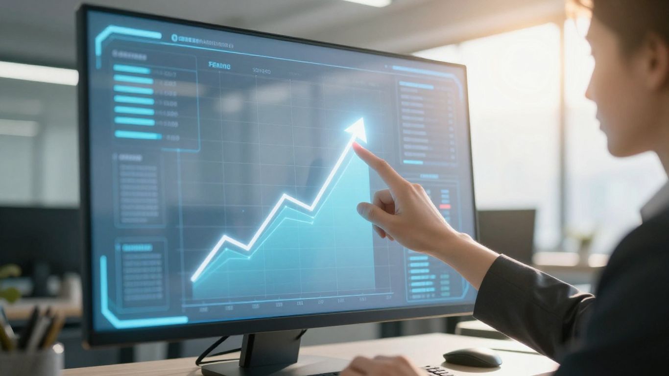 Profissional aponta para crescimento em tela digital.