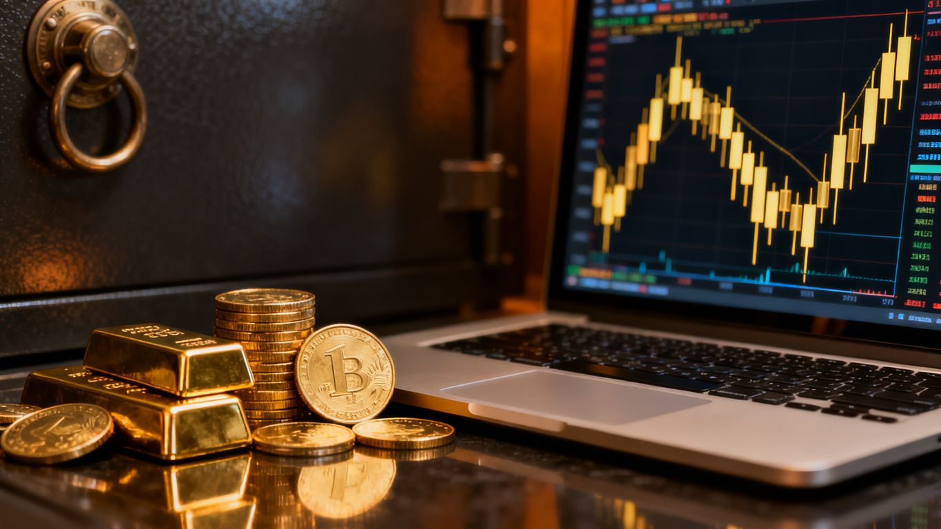 Gold bars and trading screens