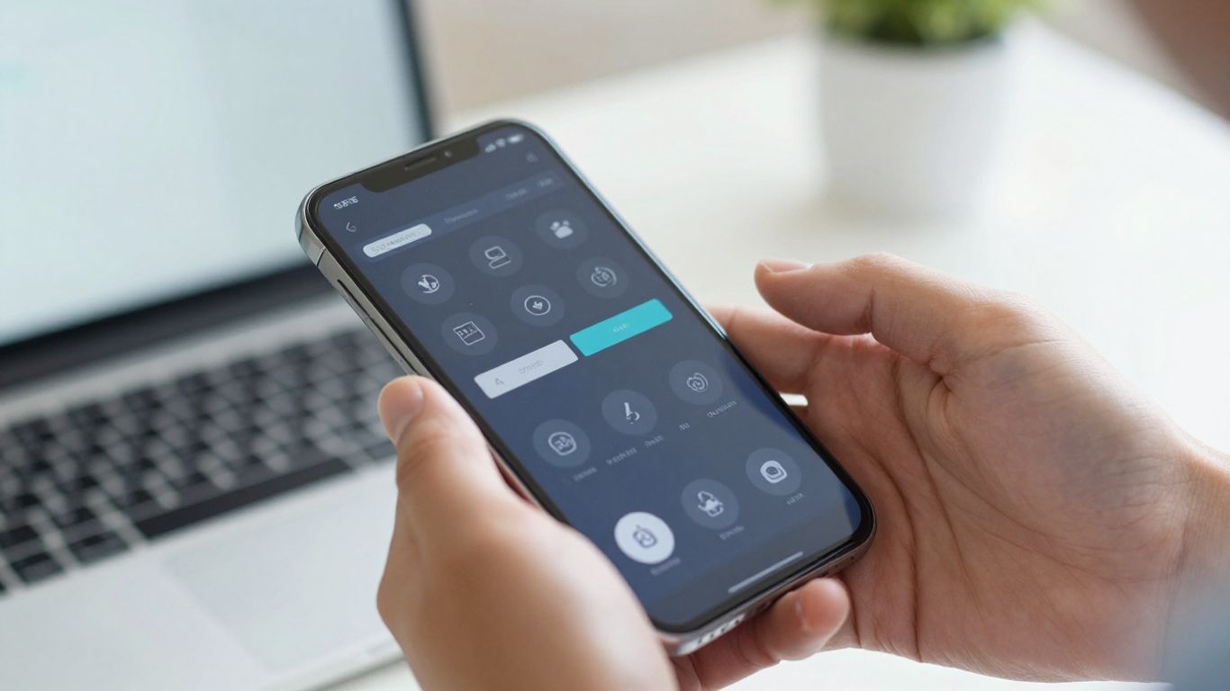 Hands holding smartphone with digital interface