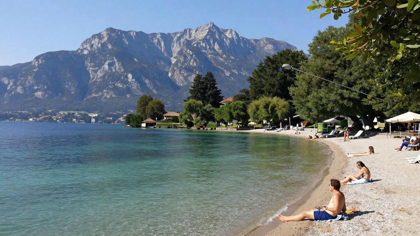 Talloires Beach with alpine mountains