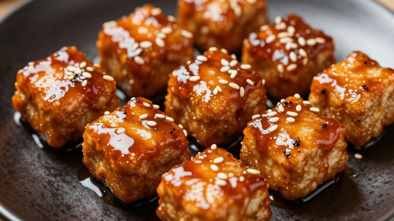 Teriyaki tempeh cubes with glaze and sesame seeds.