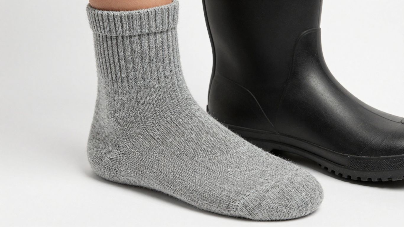 Thick grey wool socks pulled up in rubber boots.