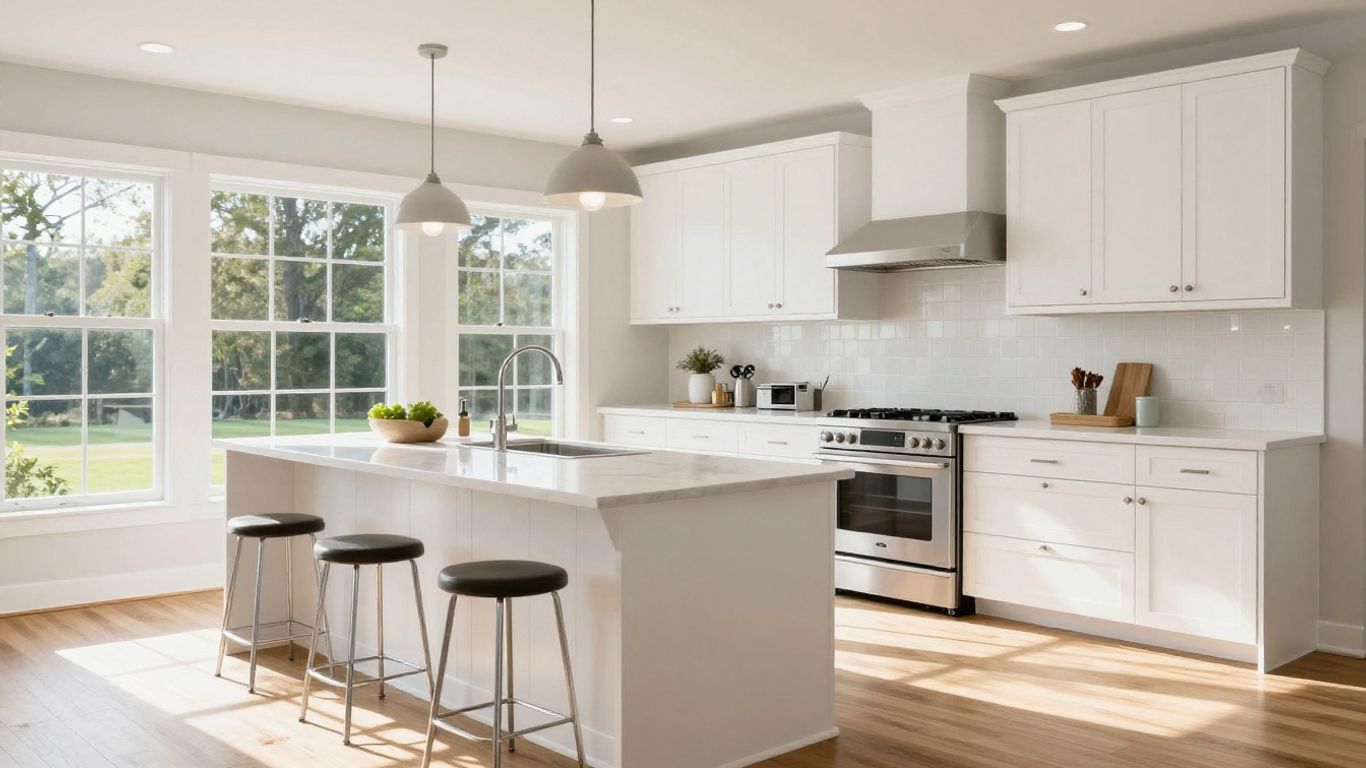 Modern kitchen remodel with island and stainless steel appliances.