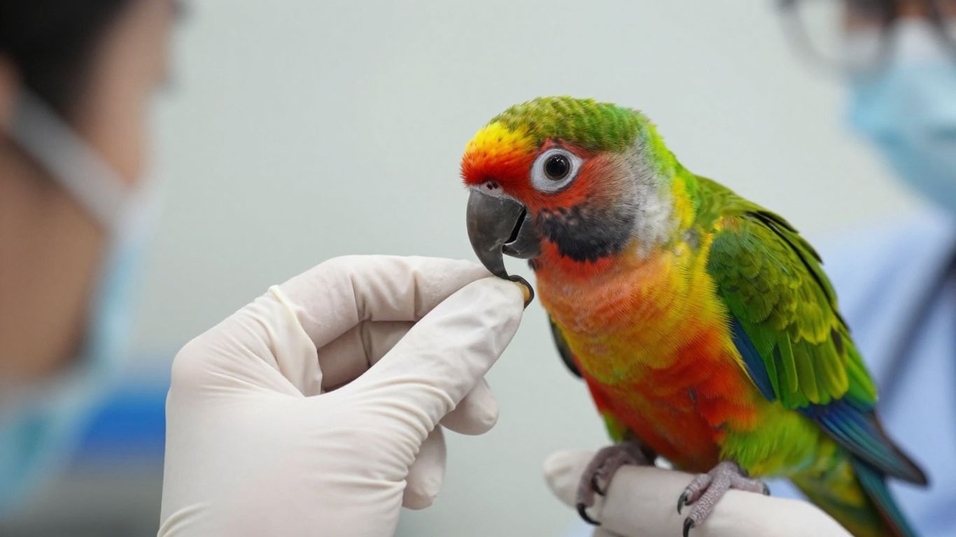 Tierarzt untersucht einen Vogel im Behandlungszimmer.