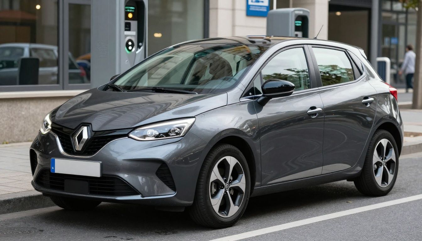 Ein silberner Renault Zoe, ein beliebtes gebrauchtes E-Auto unter 10.000 Euro, lädt an einer öffentlichen Ladesäule in einer Stadt.