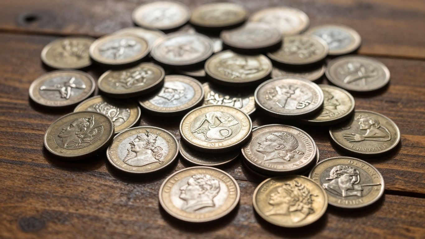 Collection of foreign coins on a wooden table.