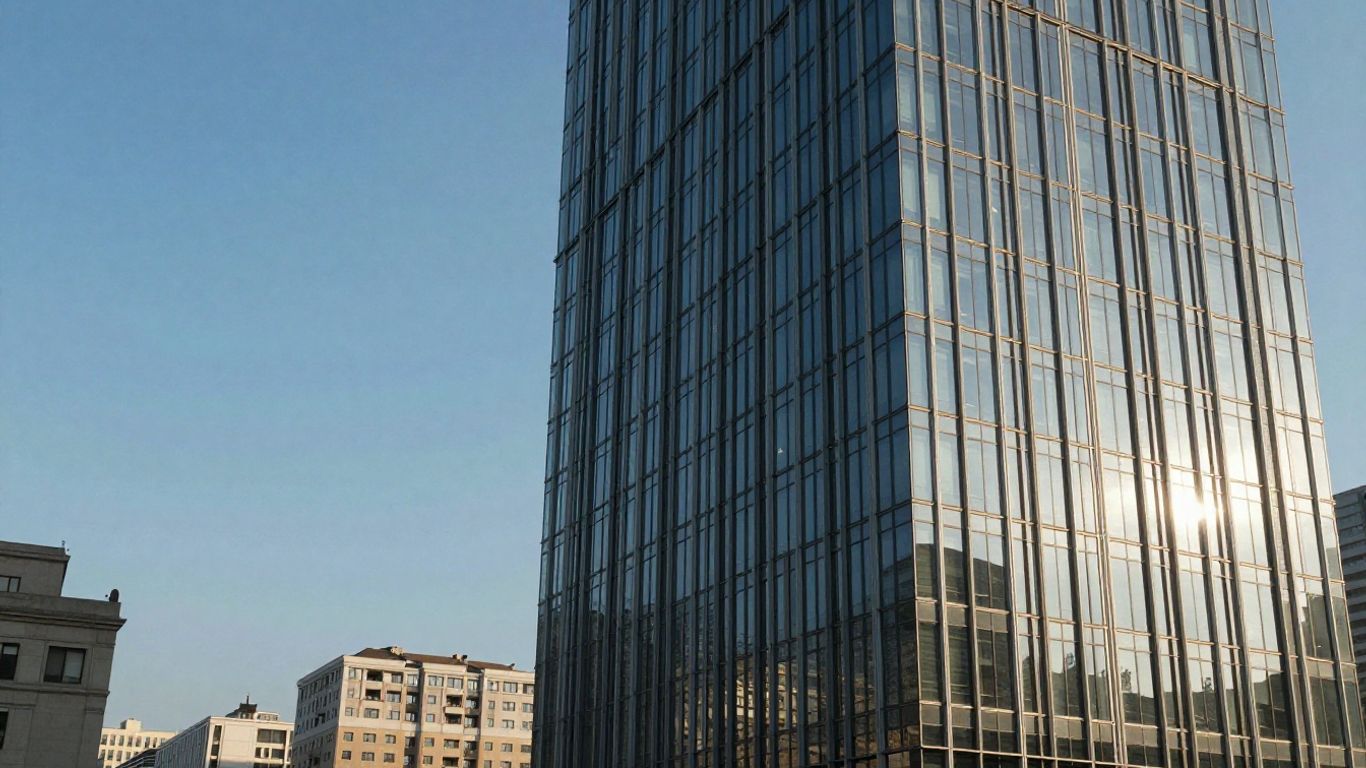Modern office building against a city skyline.