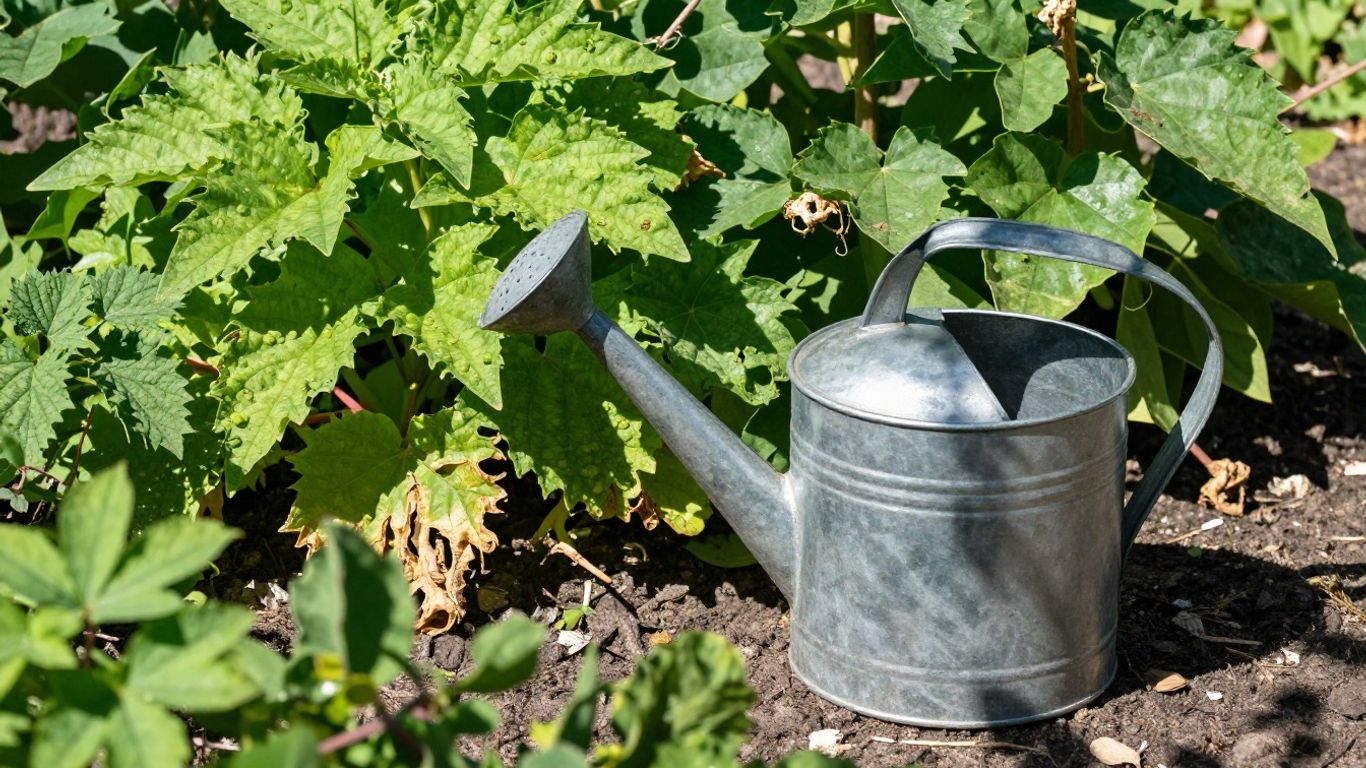 Verwelkende Pflanzen im Sommergarten mit Gießkanne