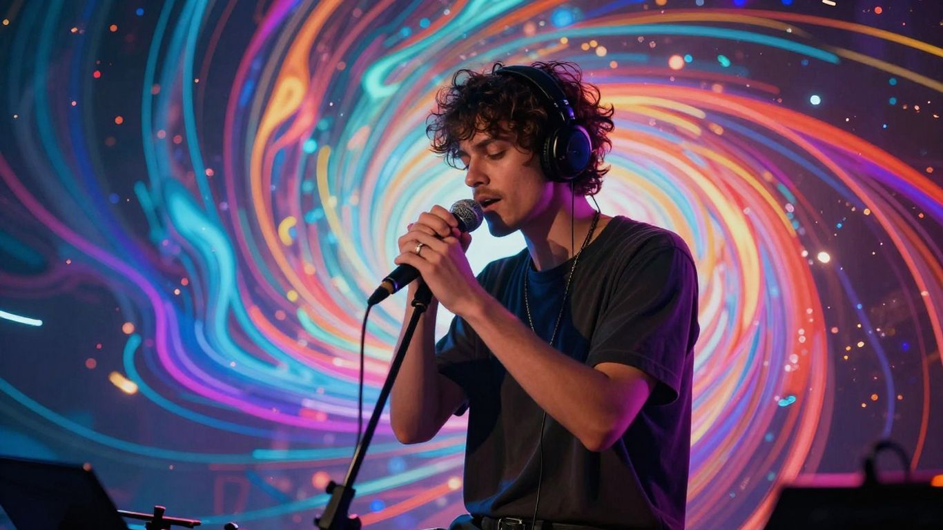 Musician in abstract AI-generated visual landscape