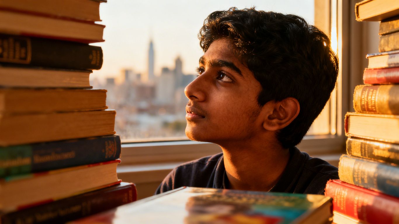Young Indian person reading books, finding their identity.