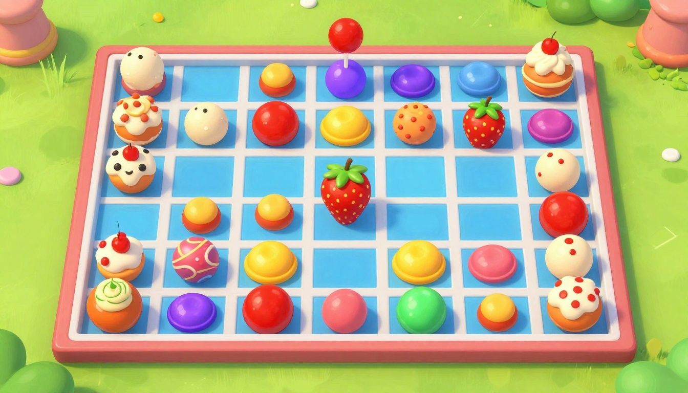Tabuleiro colorido de Candy Crush Saga com doces especiais, combinações estratégicas e obstáculos em uma fase difícil
